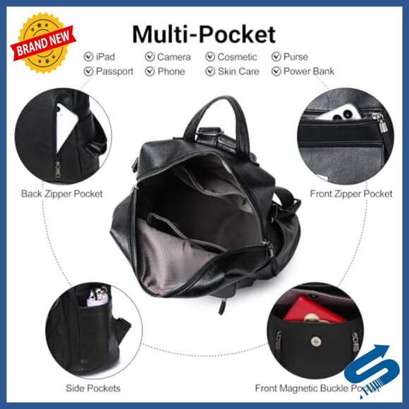 PU Leather Women\'s Backpack Purse Adjustable Strap Multi-Pocket Travel Bag